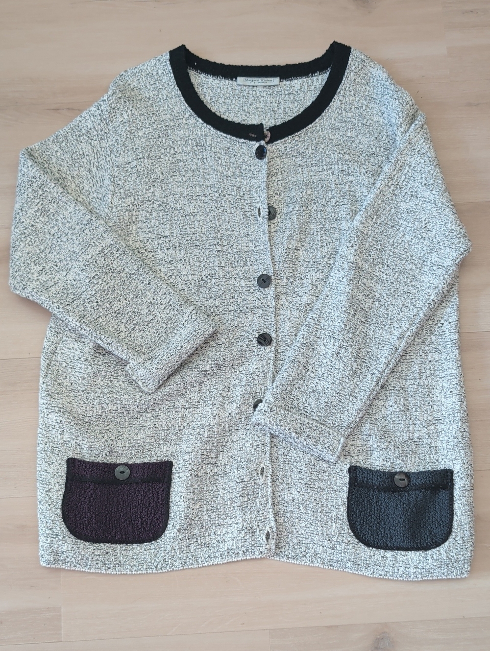 Margret Winters Textured Cream And Black Knit Cardigan with Contrasting Pockets